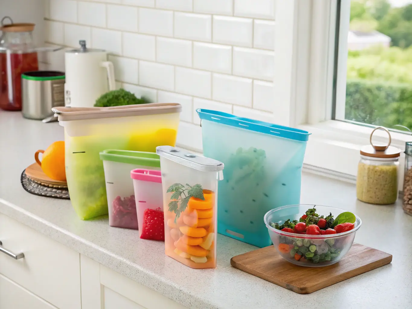 A family using reusable silicone food storage bags instead of plastic bags, showcasing the convenience and environmental benefits of the product.