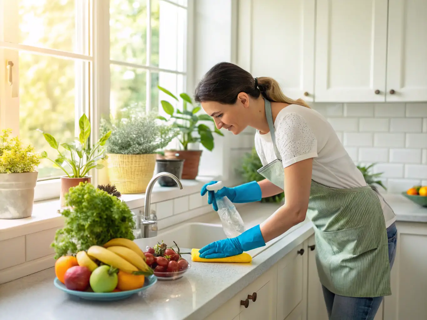 A person using biodegradable cleaning wipes to clean a kitchen counter, emphasizing the eco-friendly aspect of the product.