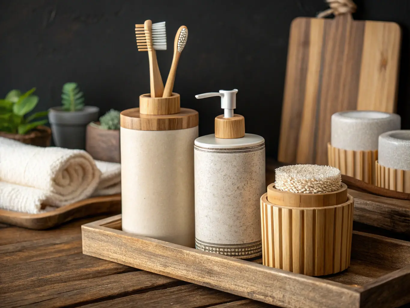 A close-up shot of a bamboo toothbrush and other sustainable bathroom products, highlighting their natural and eco-friendly materials.